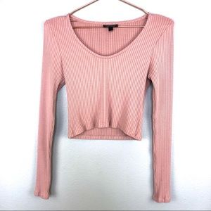 Topshop Pink Long Sleeve Ribbed Crop Top